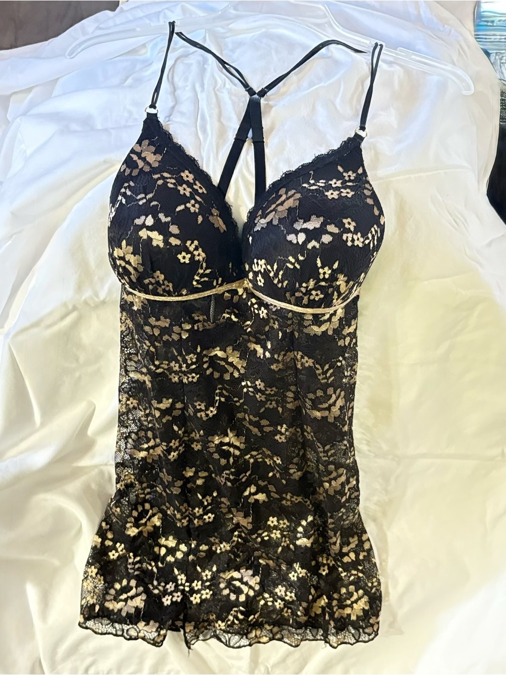 NWT Black Lace Chemise with Gold Floral Accents w/ Matching Panty
